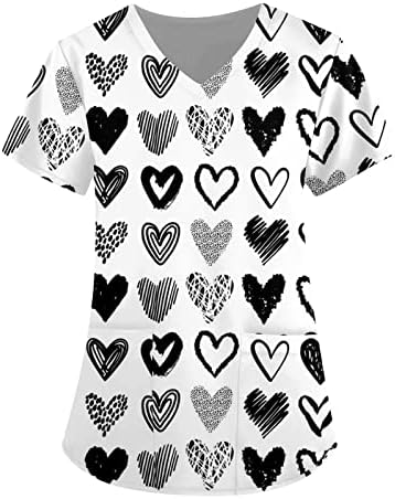 Дамски Летни Блузи, ризи, Свети Валентин, дамски тениски с графичен Дизайн, Модни Дрехи, Подаръци за Свети Валентин за Нея Модерен топ с къс ръкав и V-образно деколте, работна риза с джобове, Гащеризон (F Черно, 5X-Large)