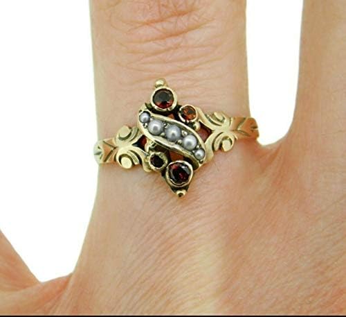пръстен от викторианската нар и малки перли от жълто злато 10 карата (# J4695)