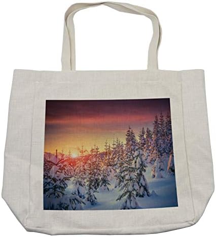 Зимна чанта за пазаруване Ambesonne, на Снежен пейзаж на фона на Мрачния изгрева на слънцето в Планината гората, Снимка Спокойна Природа, Екологично чанта за Еднократна