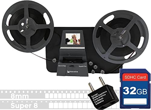 Сонда Wolverine 8 мм и Супер 8 мм за цифрова дигитайзер филми MovieMaker Pro, скенер филм, памет SD карта с обем 32 GB, Адаптер за захранване с двойно напрежение 100-240 и Международен Двухконтактный адаптер с кръгла