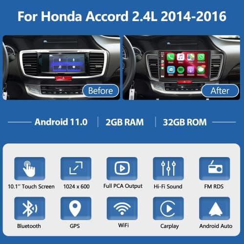 2G + 32G Android Кола Стерео Радио с wi-fi Carplay Android на авточасти за Honda Accord 2.4 L 2014 2015 , 10,1 Сензорен екран, радио в арматурното табло, Навигационна GPS-устройства с WiFi, Bluetooth, FM/RDS, на