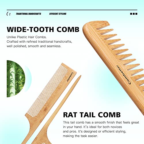 Бамбук четка за коса и гребен Combetter - Екологично чиста натурална гребен-гребло за разнищване на косата с масаж на кожата на главата, идеално за жени, мъже и деца, нама